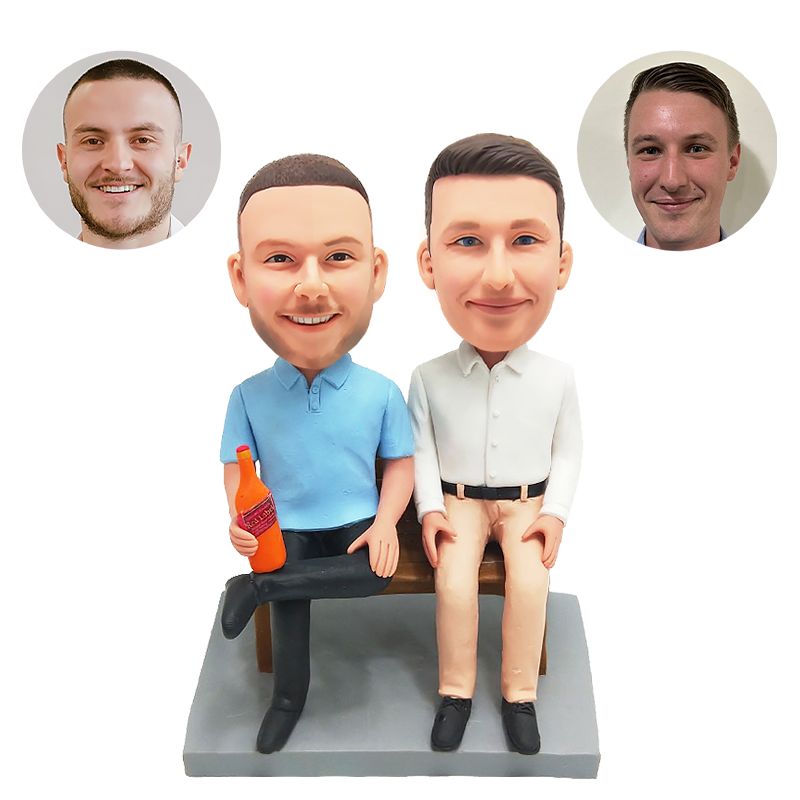 customised bobbleheads figures best friends sitting on bench with a beer