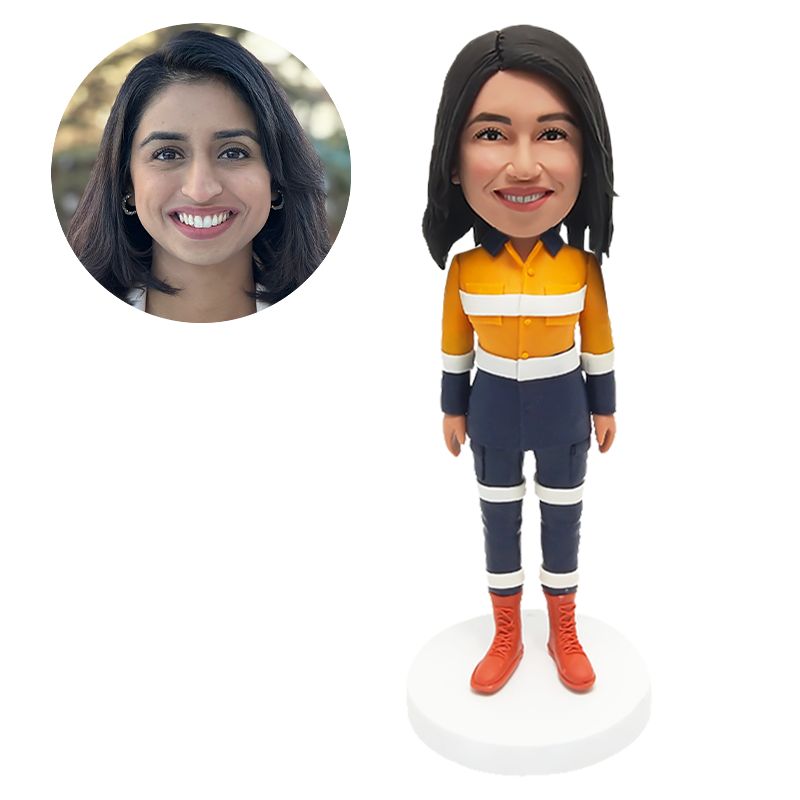 custom bobblehead figure female worker in hi vis workwear