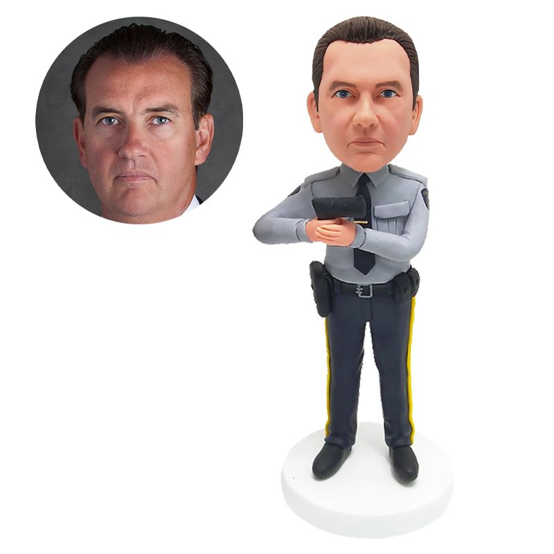 custom bobblehead figure policeman holding a pistol