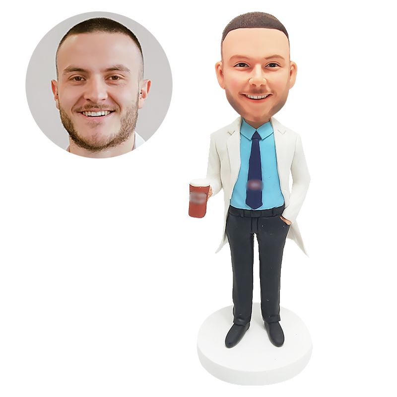 customised bobblehead figure male doctor holding a drink