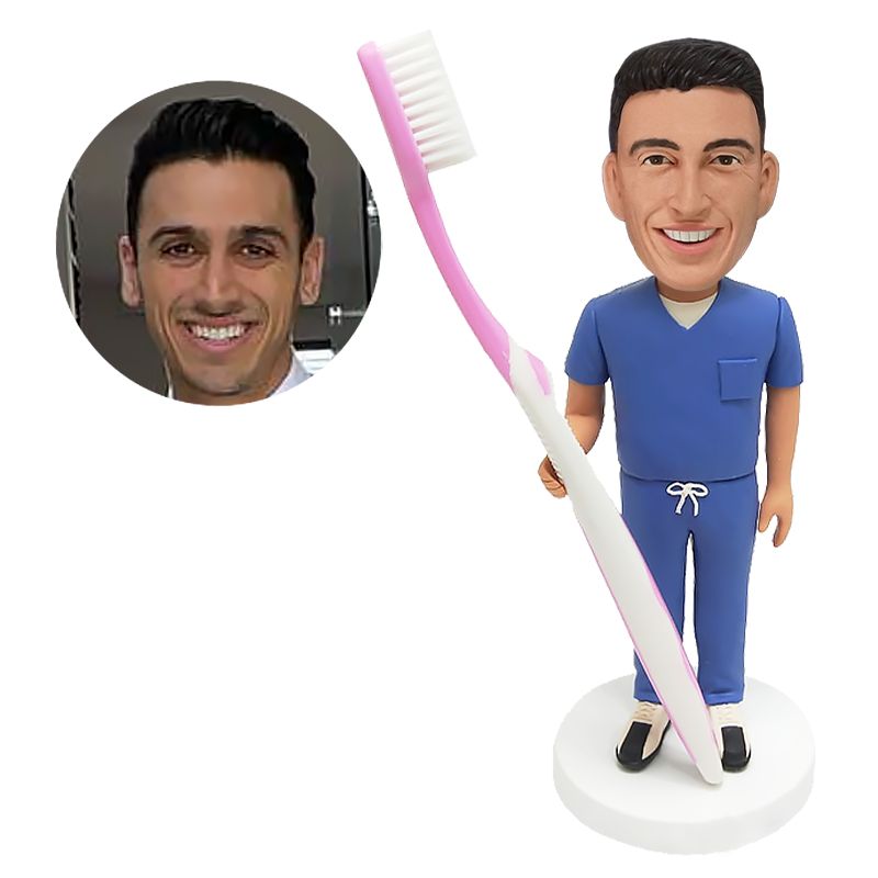 custom made bobblehead figure dentist holding a toothbrush