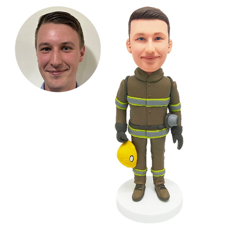 custom made bobble head figure fireman holding a fire hat
