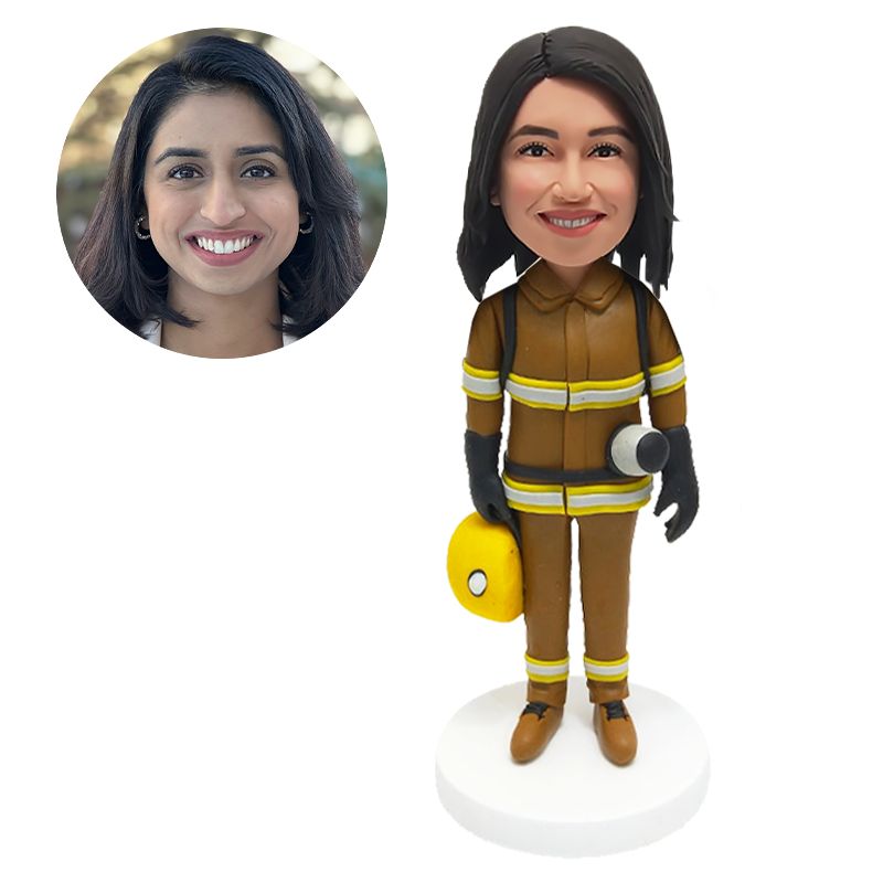 personalized bobble head figure female firewoman holding a fire helmet