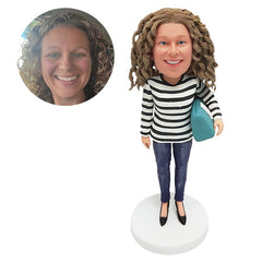 customised bobble head figure casual lady holding a shopping bag