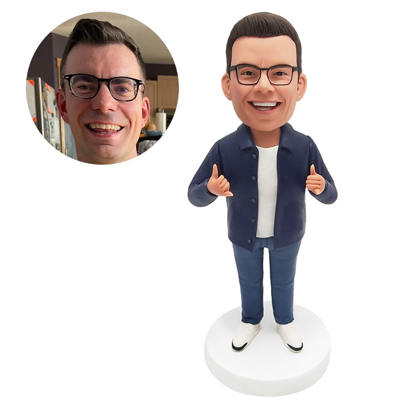 customised bobblehead figure man making rock and roll gesture