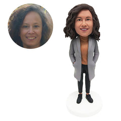 custom made bobblehead figure leisure lady with hands in pockets