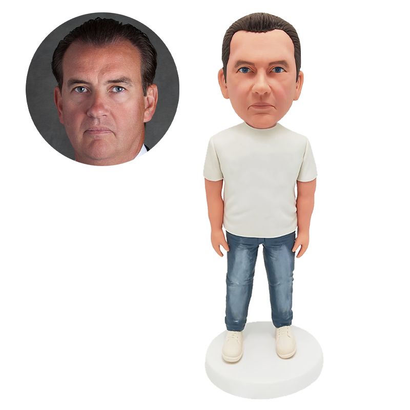 custom made bobble head figure casual male in white t shirt