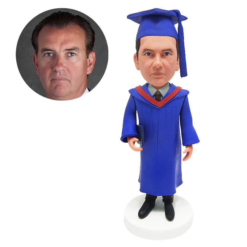 custom made bobblehead figure male graduate in blue graduation gown