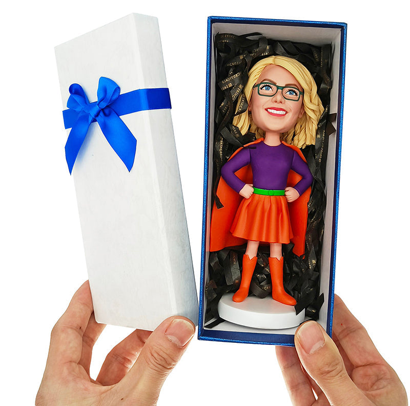 customised bobble head figure female colleague holding a board