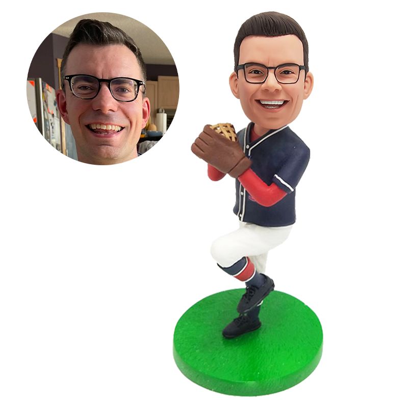 custom made bobblehead figure baseball pitcher with a baseball glove holding a baseball