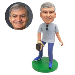 custom bobblehead figure baseball catcher with a baseball glove ready for pitching