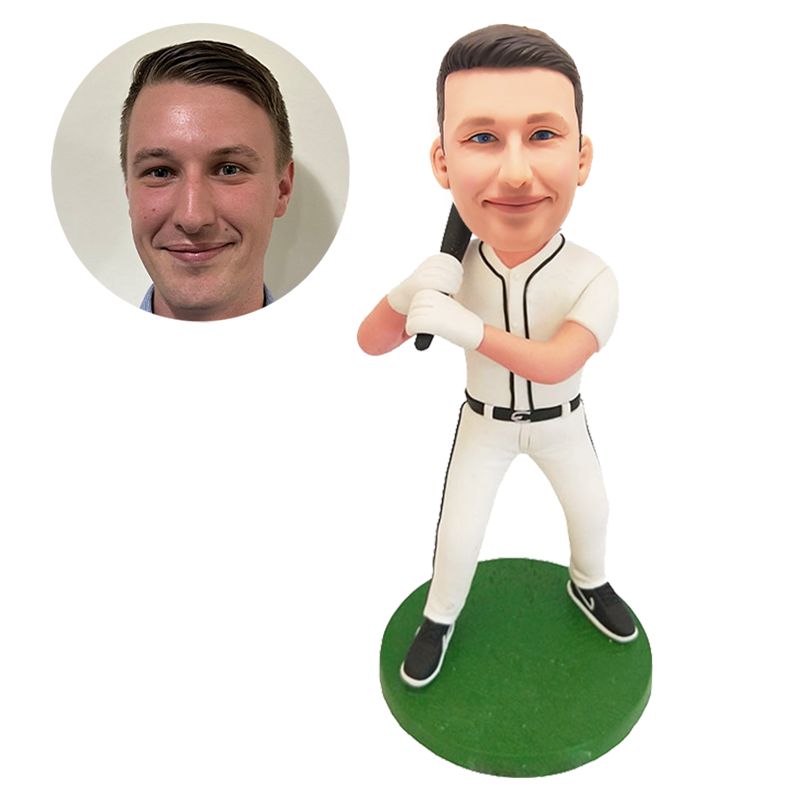 customized bobble head figure baseball hitter holding a baseball bat