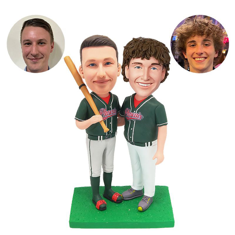 customised bobbleheads figures baseball dad and son holding a baseball bat