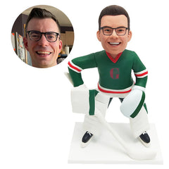 custom bobblehead figure male hockey goalie holding the hockey stick