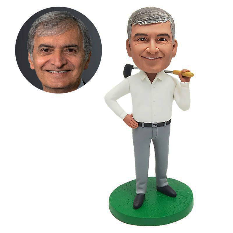 custom bobblehead figure male golfer holding a golf club on shoulder