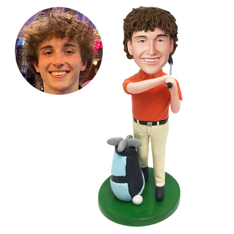 custom made bobblehead figure male golfer waving a golf club with a golf bag