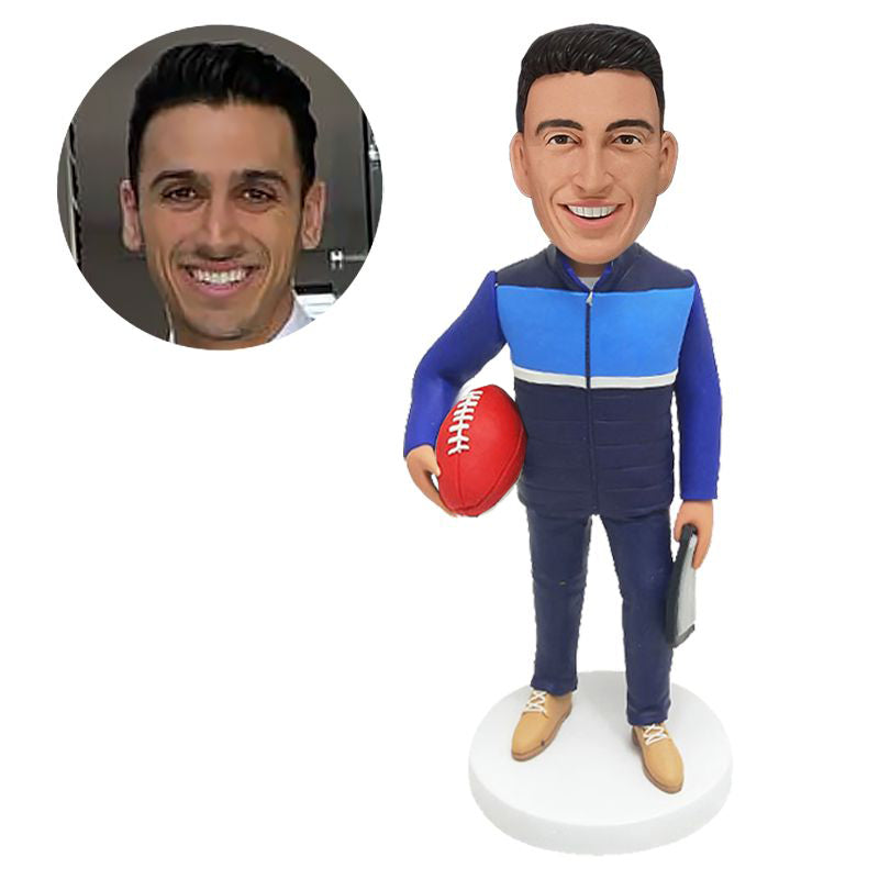 customised bobble head figure male coach holding a noteboard and a football