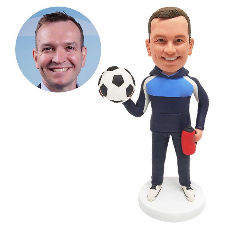 customised bobblehead figure male coach holding a ball and a thermos