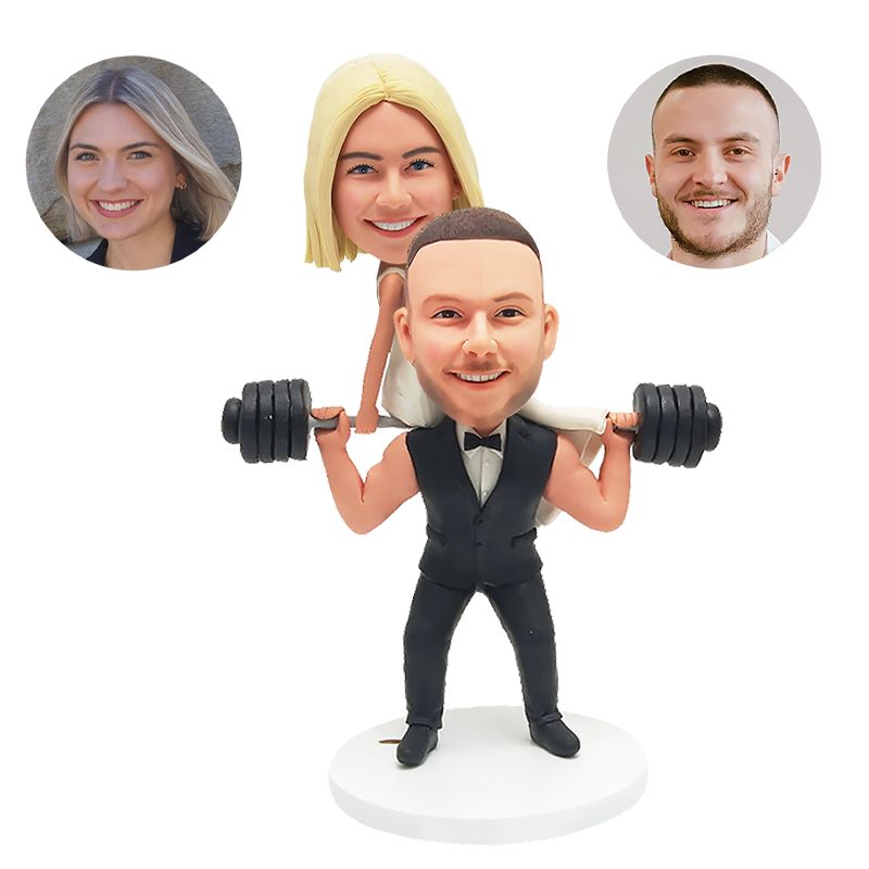 customised bobble heads figures funny weightlifting couple sitting on mans shoulder