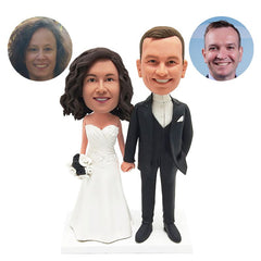 customised bobble heads figures wedding couple holding hands in formal dress